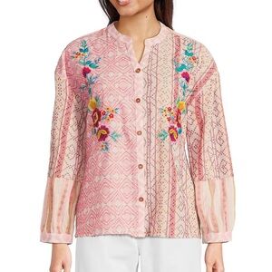 NWT Tru Luxe Mixed Jacquard Embroidered Split V-Neck Long Sleeve Top Sz Large